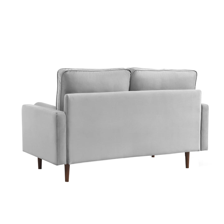 69" Gray Velvet Sofa And Toss Pillows With Dark Brown Legs Image 4