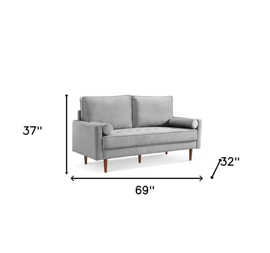 69" Gray Velvet Sofa And Toss Pillows With Dark Brown Legs Image 5