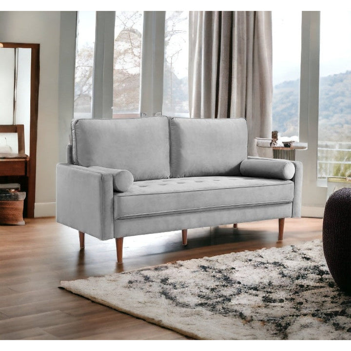 69" Gray Velvet Sofa And Toss Pillows With Dark Brown Legs Image 6