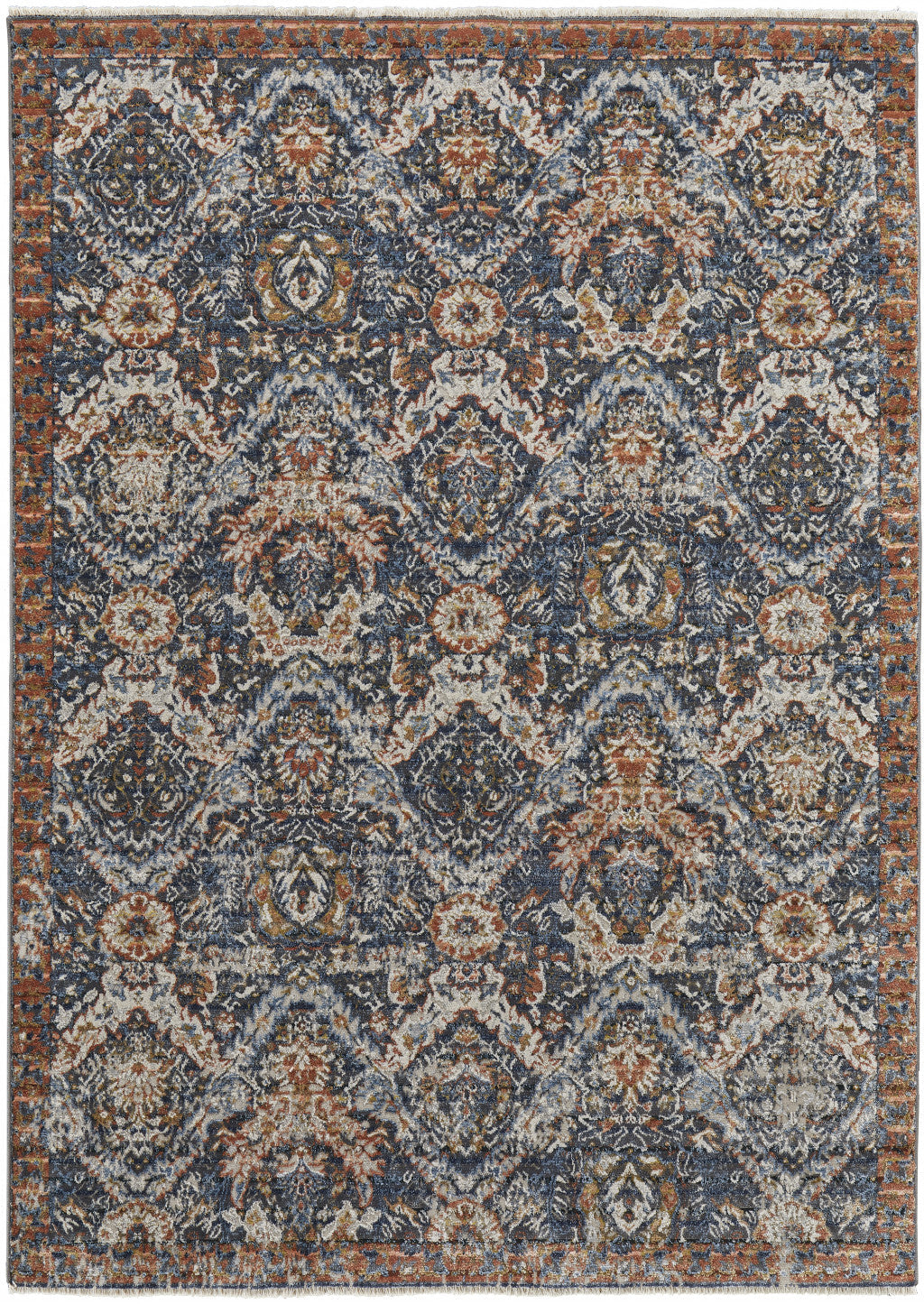 8 X 10 Blue Orange And Ivory Floral Power Loom Area Rug With Fringe Image 11