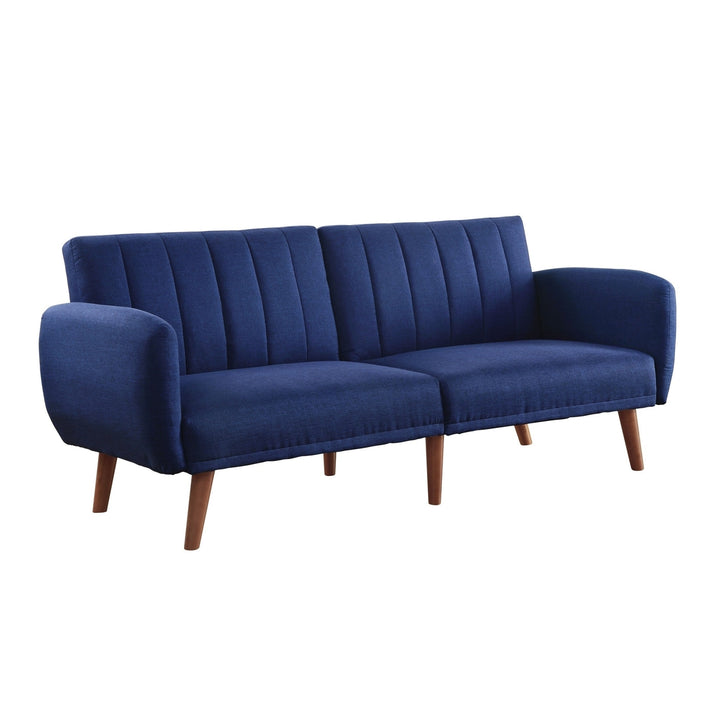 76" Blue Linen Sleeper Sofa With Wood Brown Legs Image 1