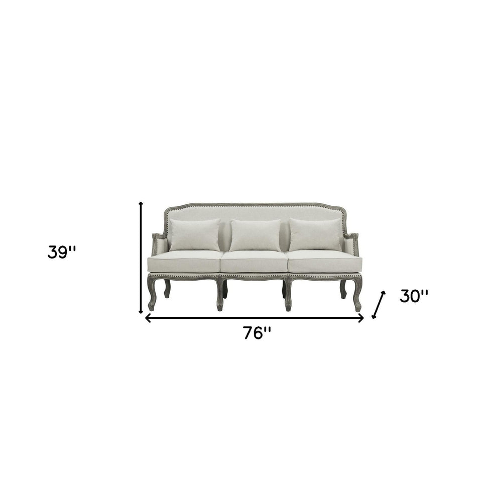 76" Cream Linen Sofa With Brown Legs Image 2