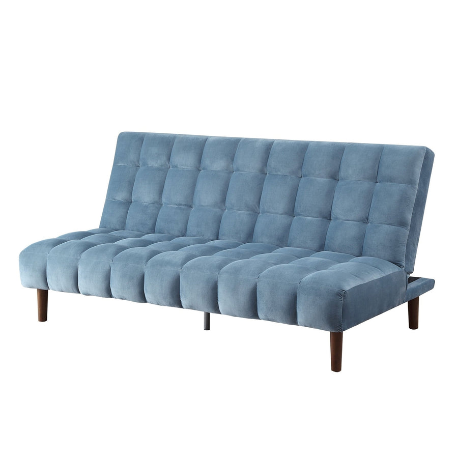 76" Teal Blue Velvet Sleeper Sofa With Wood Brown Legs Image 1