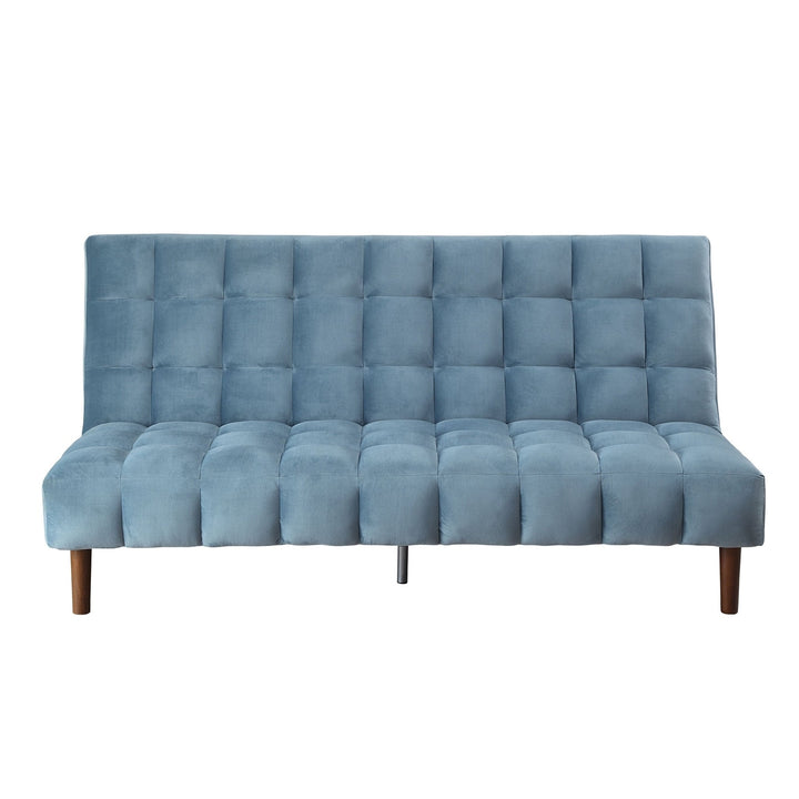 76" Teal Blue Velvet Sleeper Sofa With Wood Brown Legs Image 2