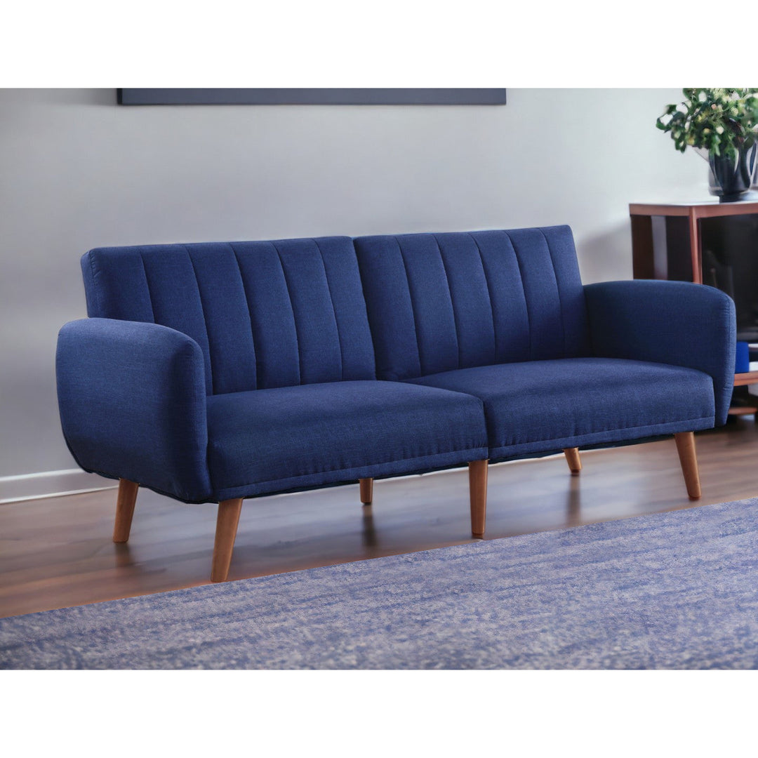 76" Blue Linen Sleeper Sofa With Wood Brown Legs Image 6