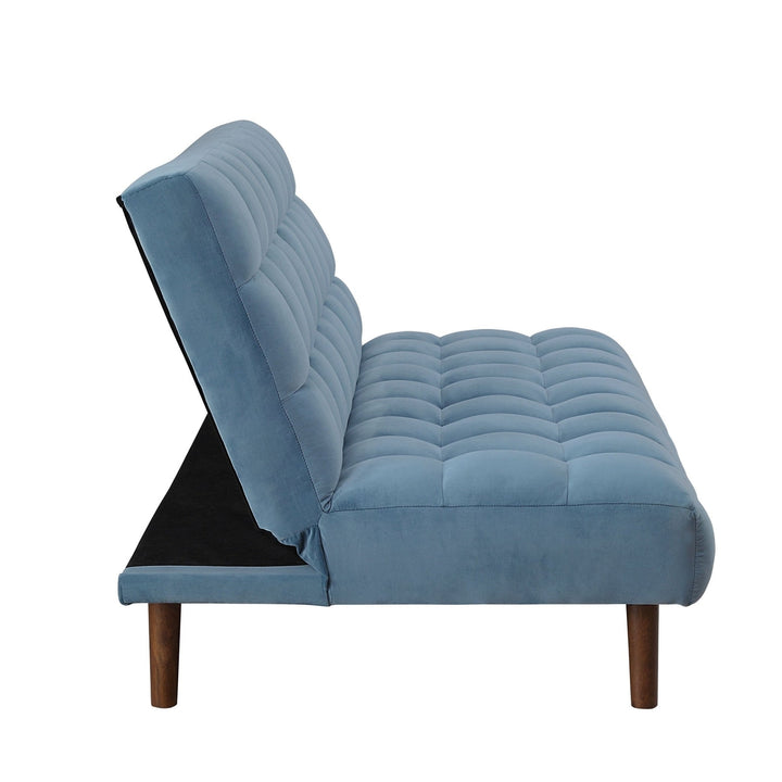 76" Teal Blue Velvet Sleeper Sofa With Wood Brown Legs Image 3