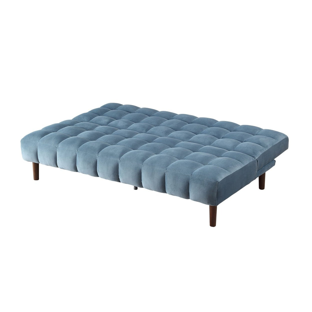 76" Teal Blue Velvet Sleeper Sofa With Wood Brown Legs Image 5