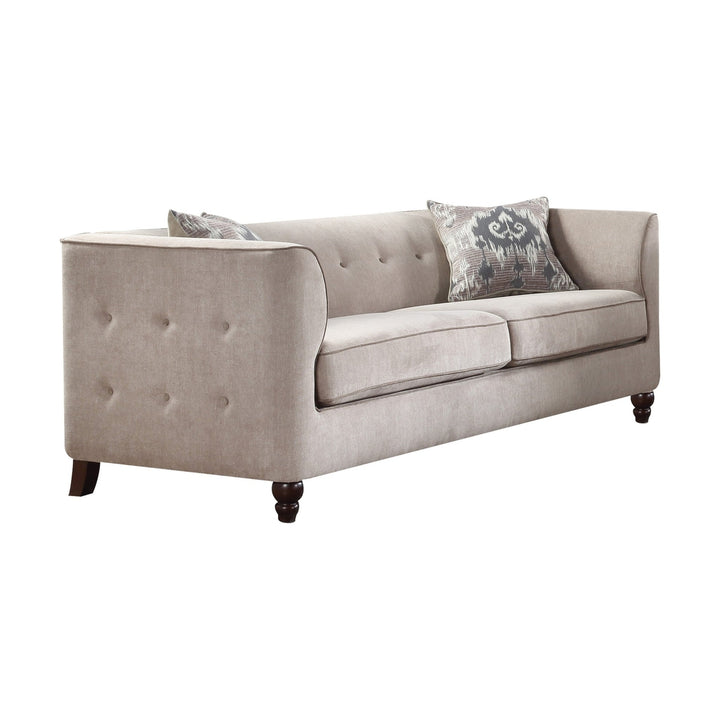 78" Tan Velvet Sofa And Toss Pillows With Black Legs Image 1