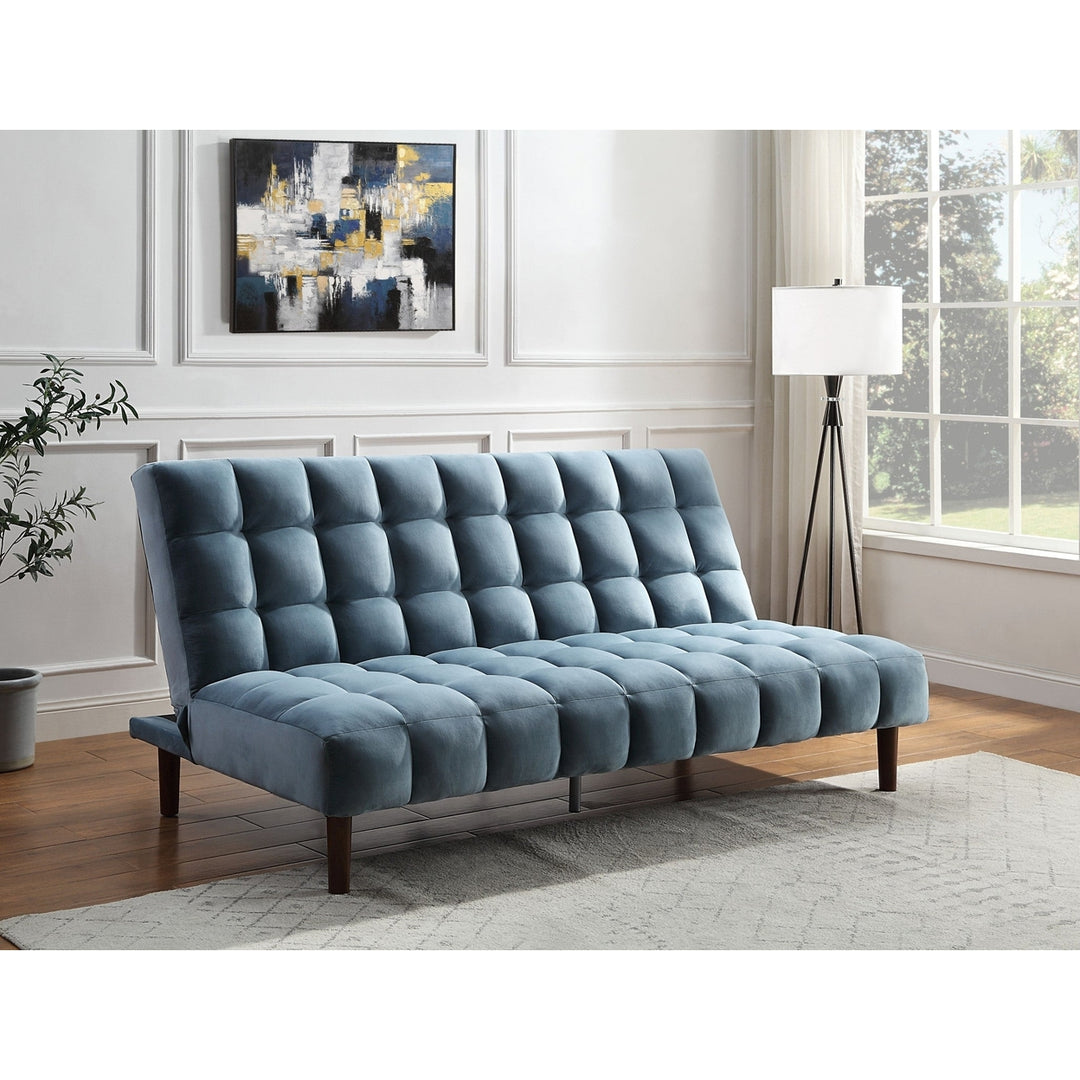 76" Teal Blue Velvet Sleeper Sofa With Wood Brown Legs Image 7