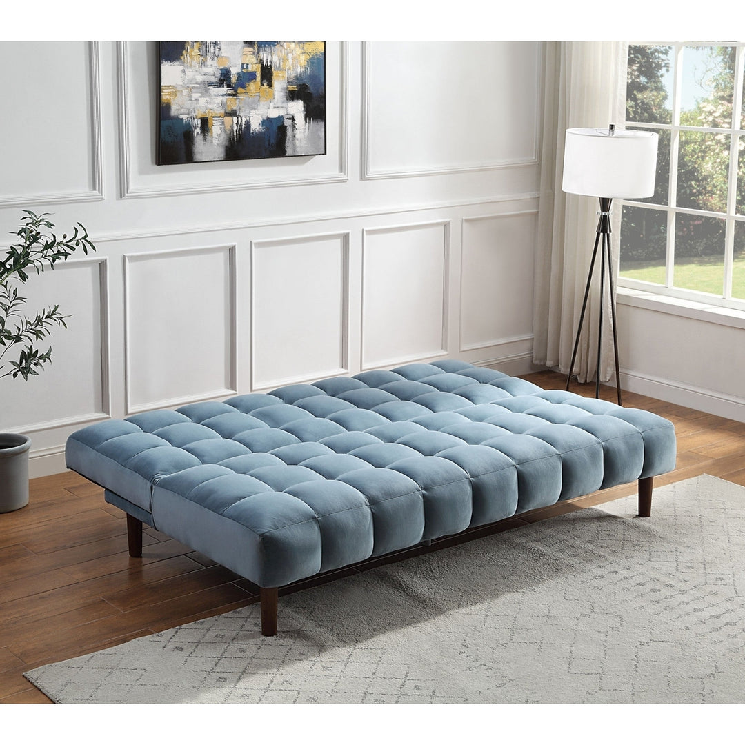 76" Teal Blue Velvet Sleeper Sofa With Wood Brown Legs Image 8