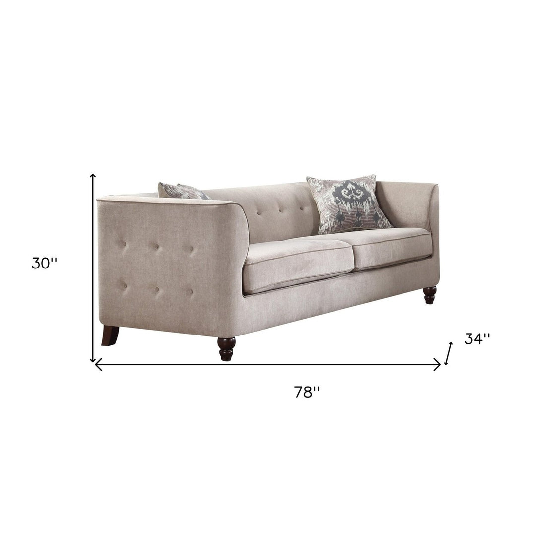 78" Tan Velvet Sofa And Toss Pillows With Black Legs Image 3