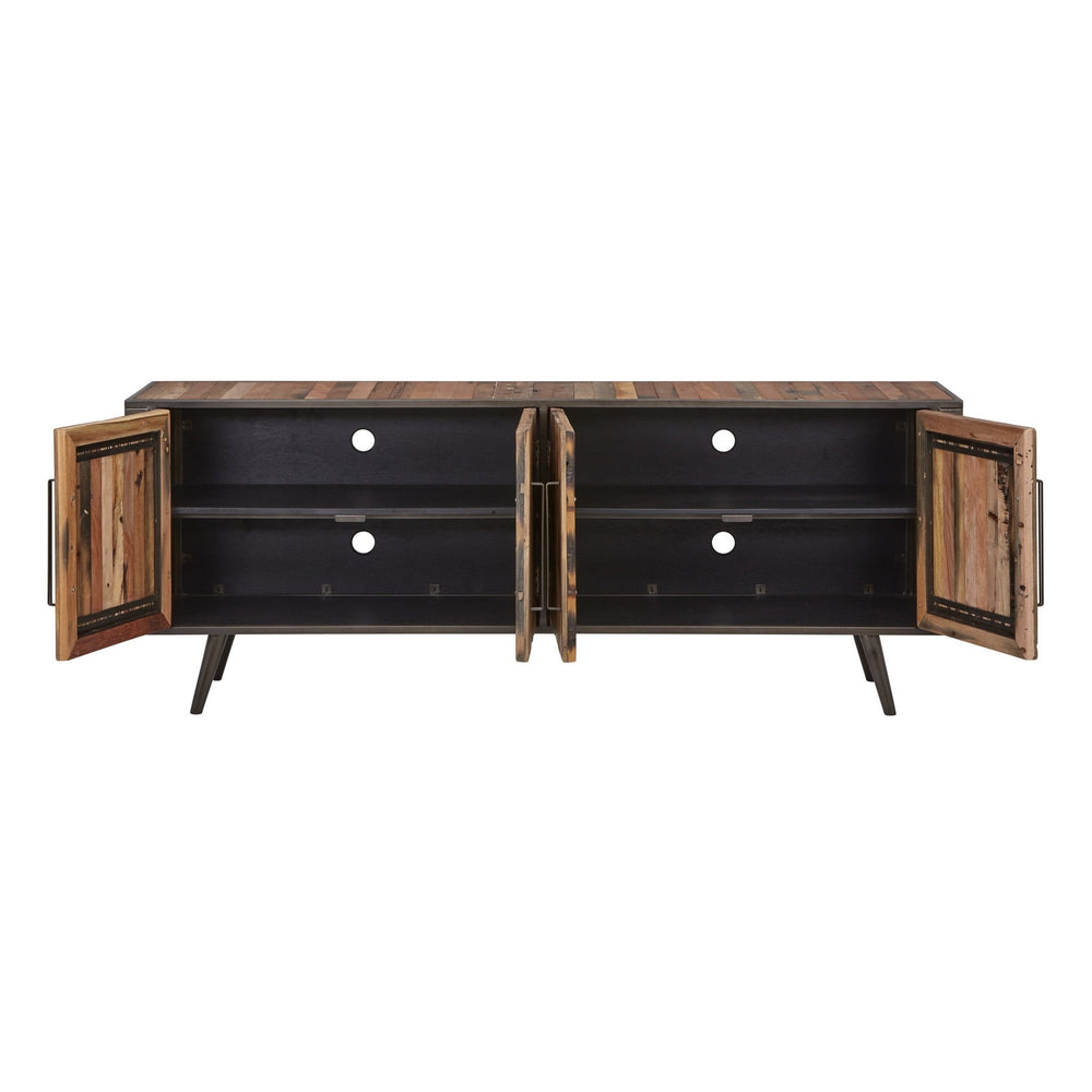 79" Wood Brown Recycled Boat Wood And Iron Cabinet Enclosed Storage TV Stand Image 2