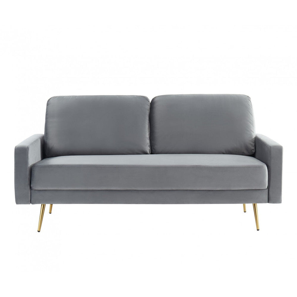 72" Gray Velvet Sofa With Brass Legs Image 2