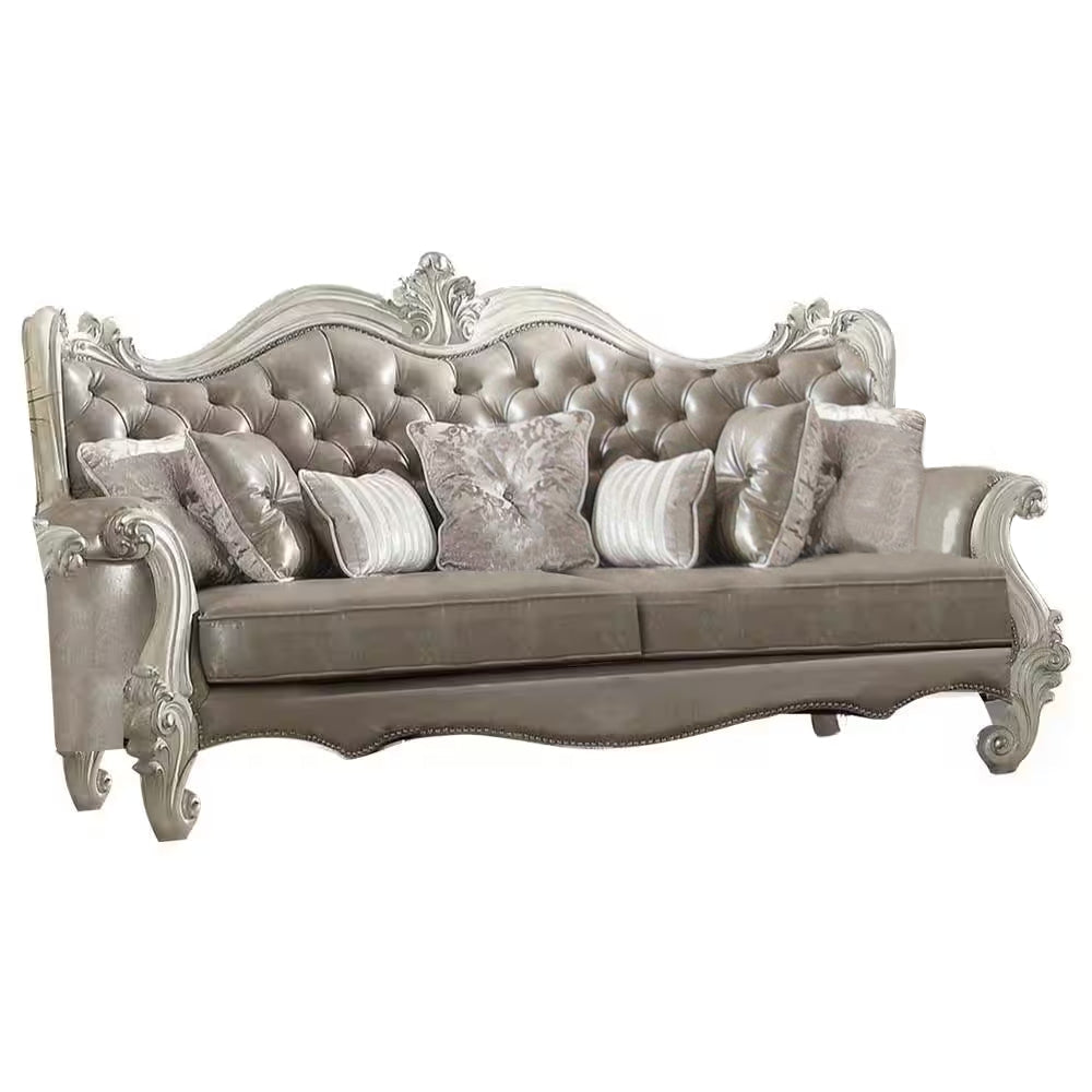 90" Gray Faux Leather Sofa And Toss Pillows With Bone Legs Image 2