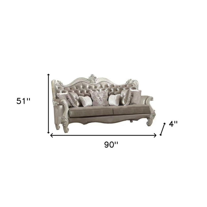 90" Gray Faux Leather Sofa And Toss Pillows With Bone Legs Image 4