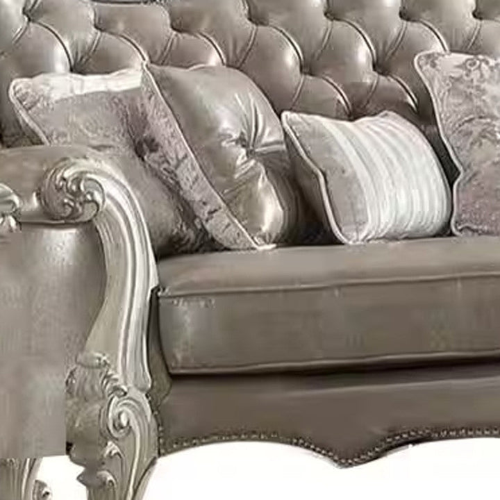 90" Gray Faux Leather Sofa And Toss Pillows With Bone Legs Image 5