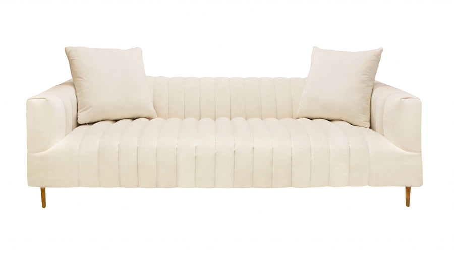 90" Ivory Velvet Sofa And Toss Pillows With Gold Legs Image 1