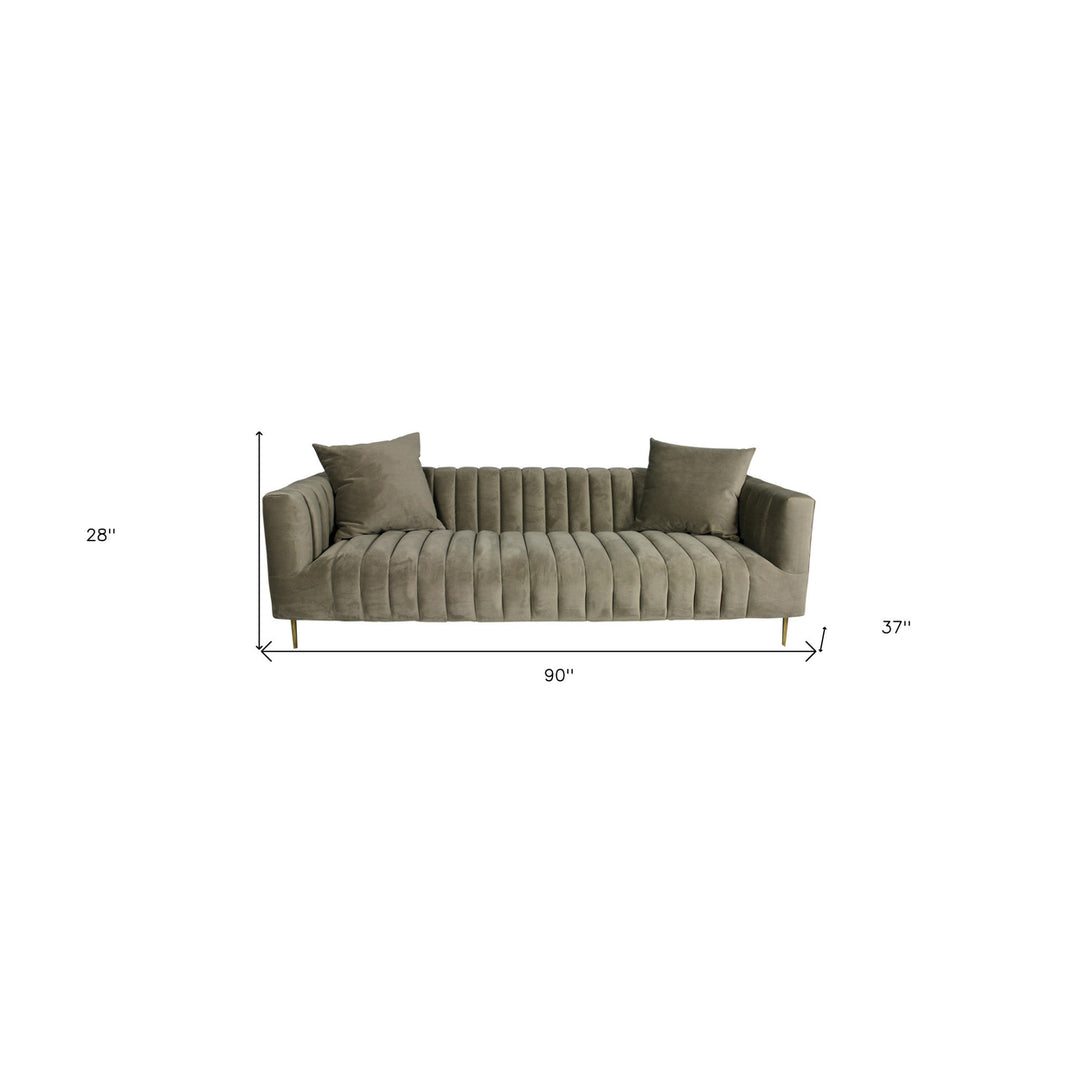 90" Gray Brown Velvet Sofa And Toss Pillows With Gold Legs Image 3