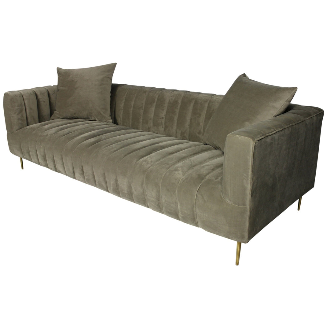 90" Gray Brown Velvet Sofa And Toss Pillows With Gold Legs Image 4