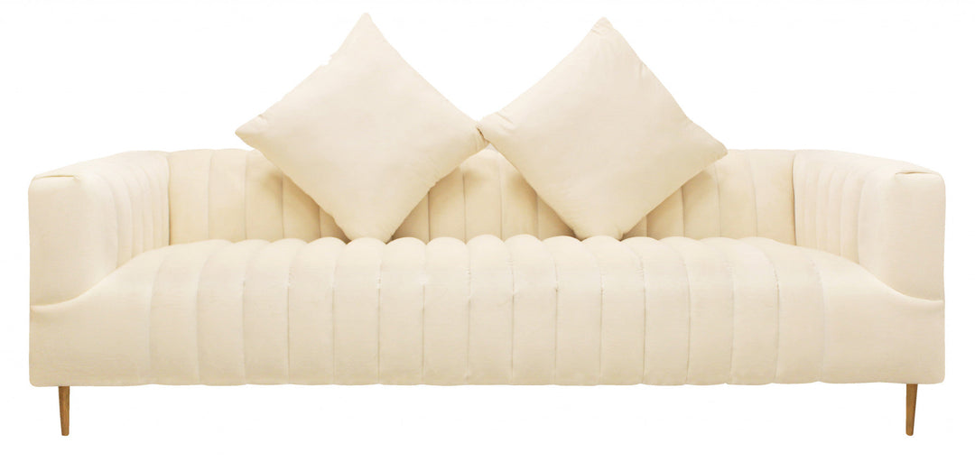 90" Ivory Velvet Sofa And Toss Pillows With Gold Legs Image 2