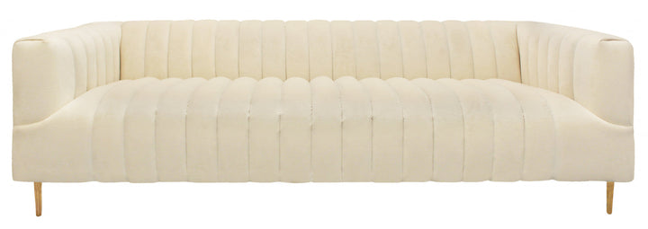 90" Ivory Velvet Sofa And Toss Pillows With Gold Legs Image 3