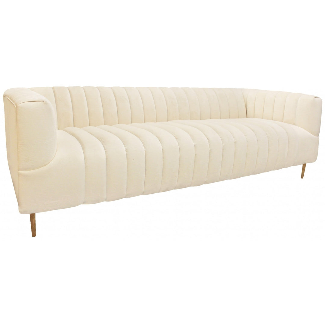 90" Ivory Velvet Sofa And Toss Pillows With Gold Legs Image 4