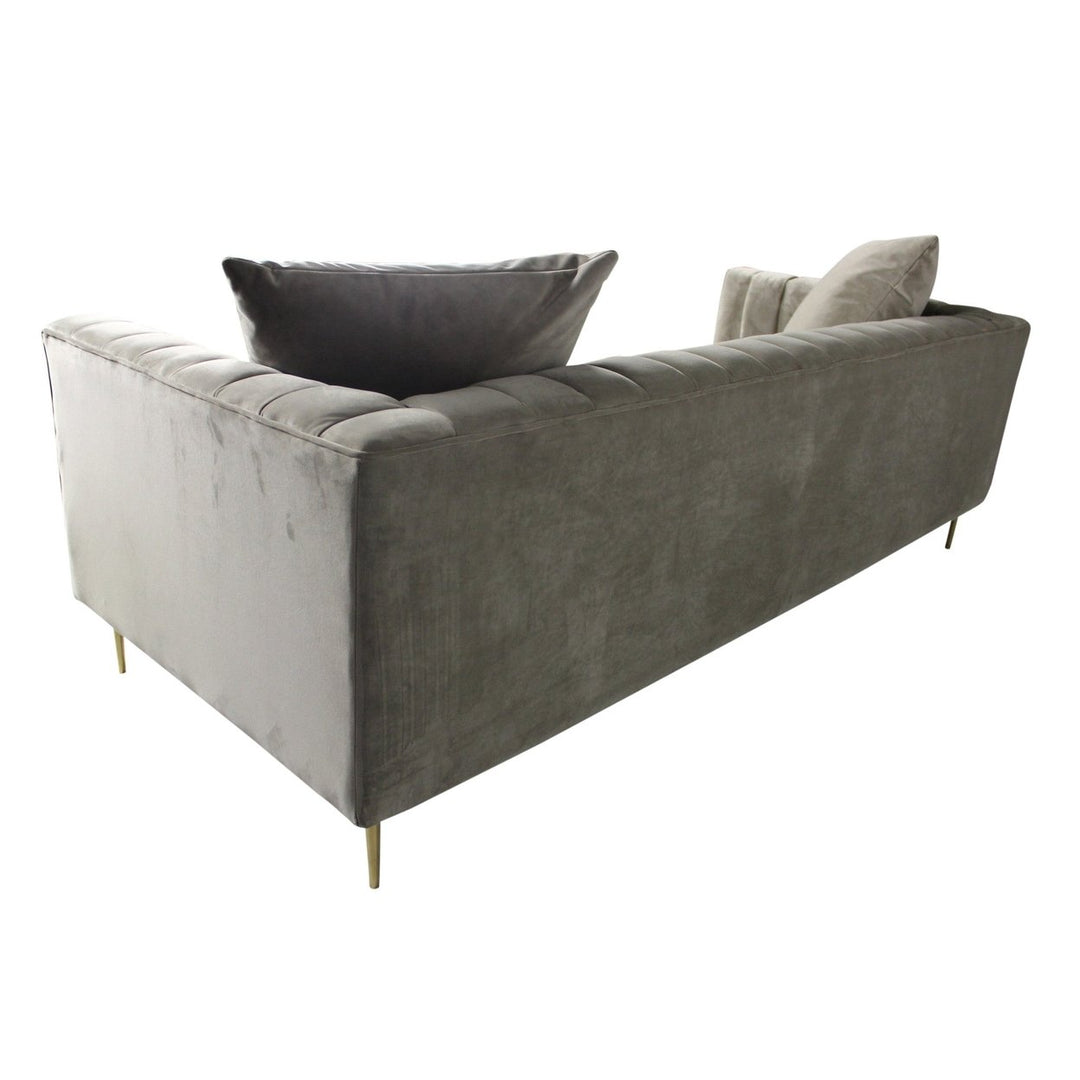 90" Gray Brown Velvet Sofa And Toss Pillows With Gold Legs Image 5