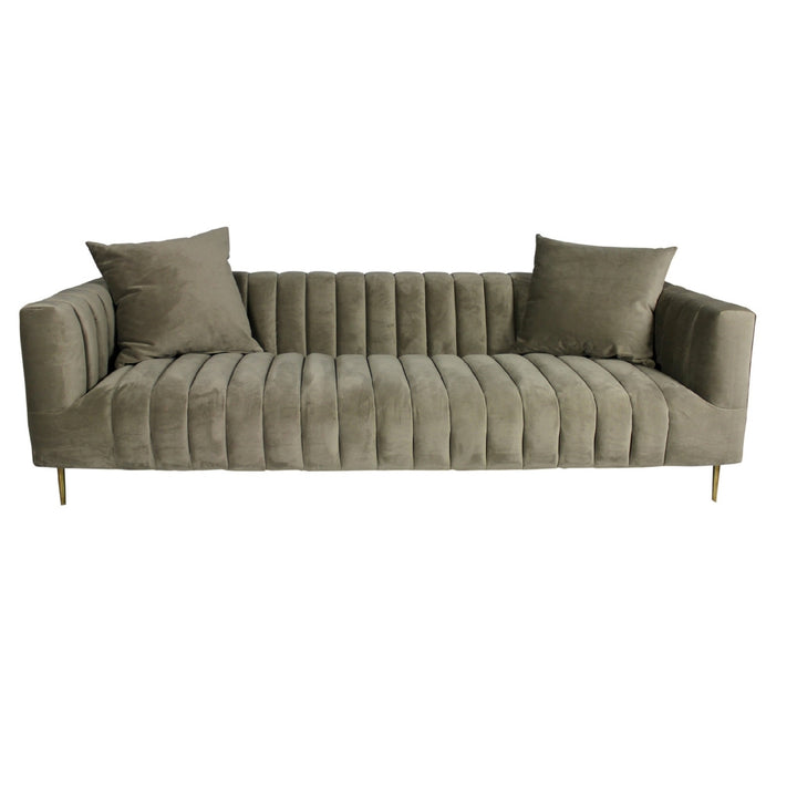 90" Gray Brown Velvet Sofa And Toss Pillows With Gold Legs Image 6