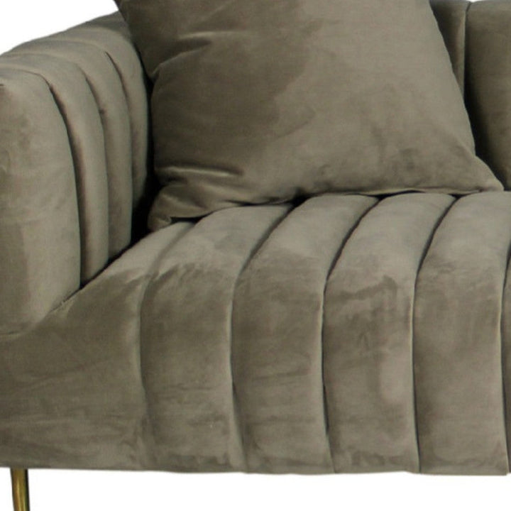 90" Gray Brown Velvet Sofa And Toss Pillows With Gold Legs Image 7