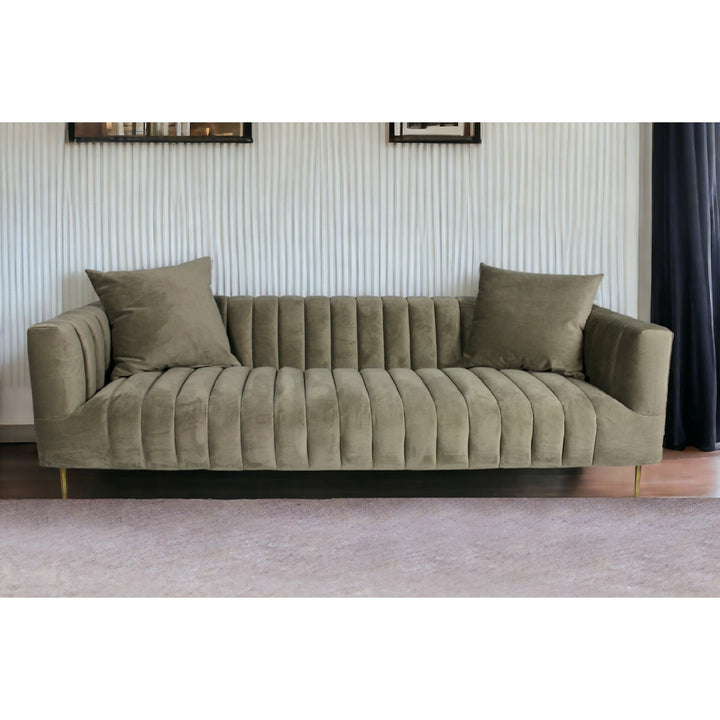 90" Gray Brown Velvet Sofa And Toss Pillows With Gold Legs Image 8