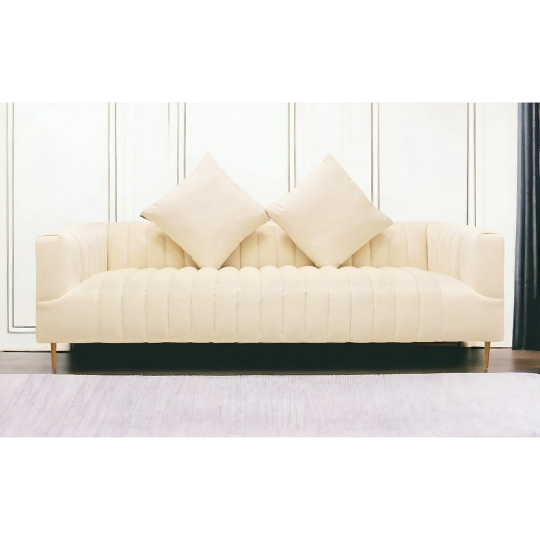 90" Ivory Velvet Sofa And Toss Pillows With Gold Legs Image 11