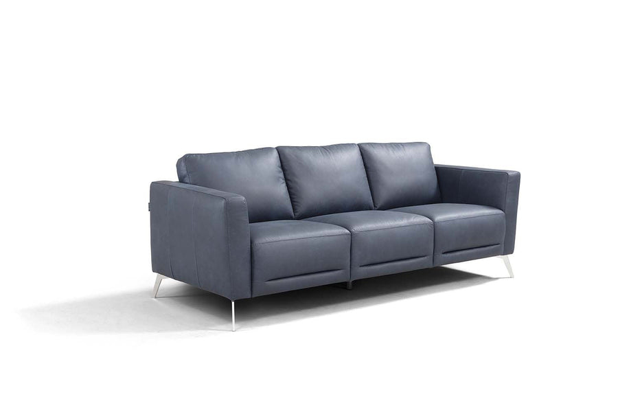 85" Blue Leather Sofa With Black Legs Image 1