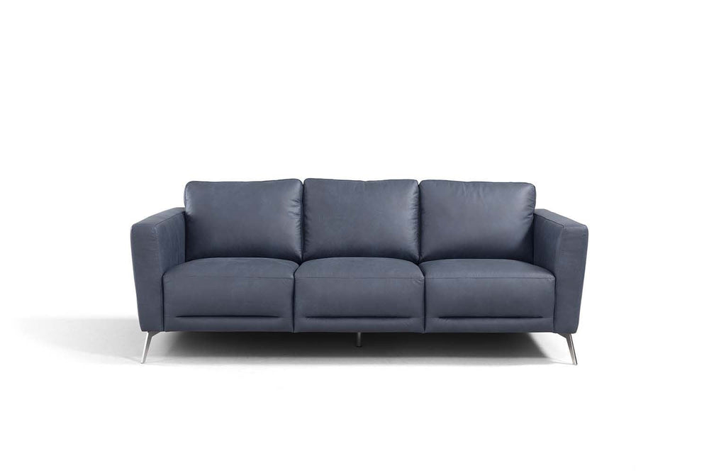 85" Blue Leather Sofa With Black Legs Image 2