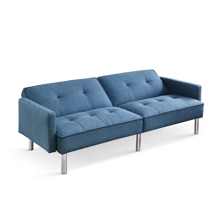 85" Blue Polyester Blend Convertible Futon Sleeper Sofa And Toss Pillows With Silver Legs Image 3