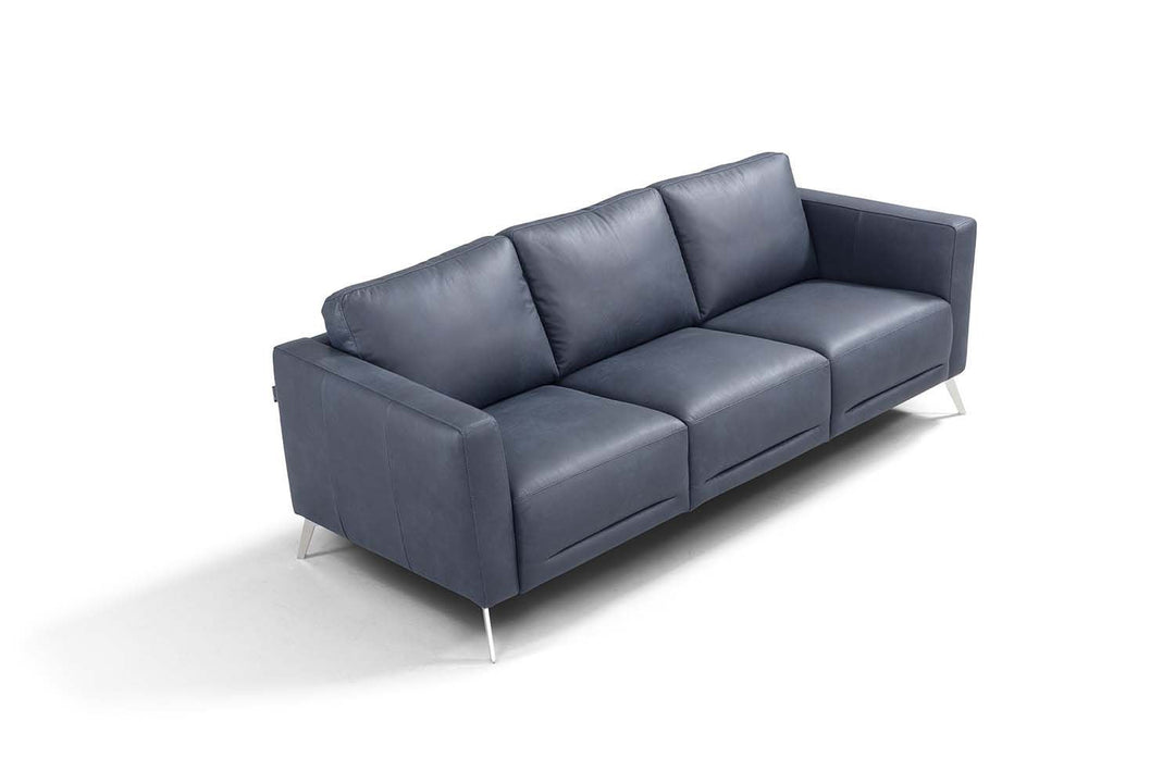 85" Blue Leather Sofa With Black Legs Image 3