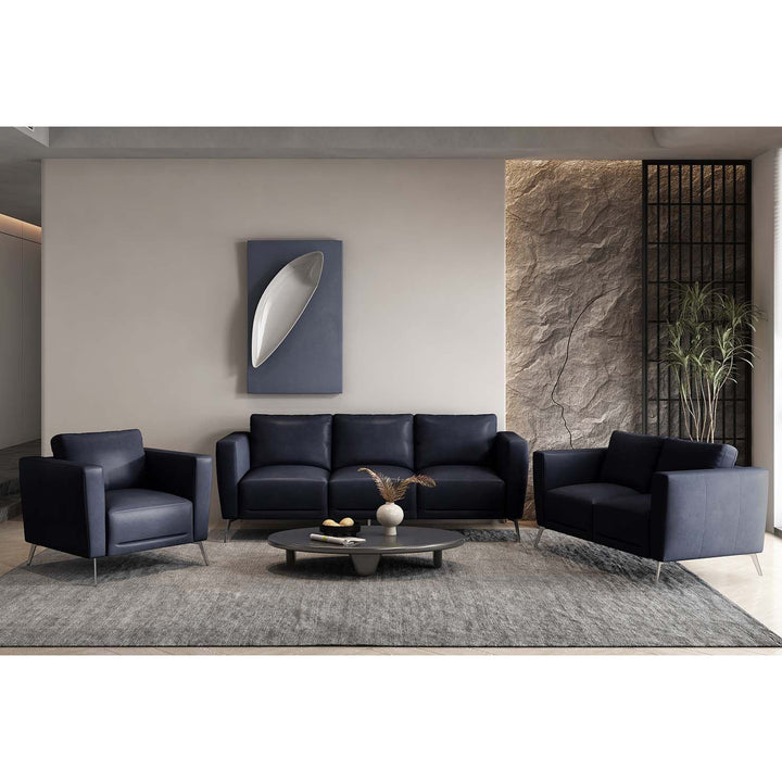 85" Blue Leather Sofa With Black Legs Image 5