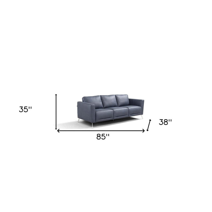 85" Blue Leather Sofa With Black Legs Image 6