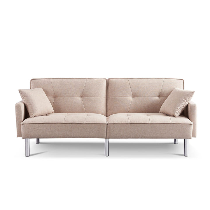 85" Beige Polyester Blend Convertible Futon Sleeper Sofa And Toss Pillows With Silver Legs Image 3