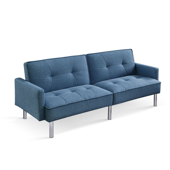 85" Blue Polyester Blend Convertible Futon Sleeper Sofa And Toss Pillows With Silver Legs Image 4