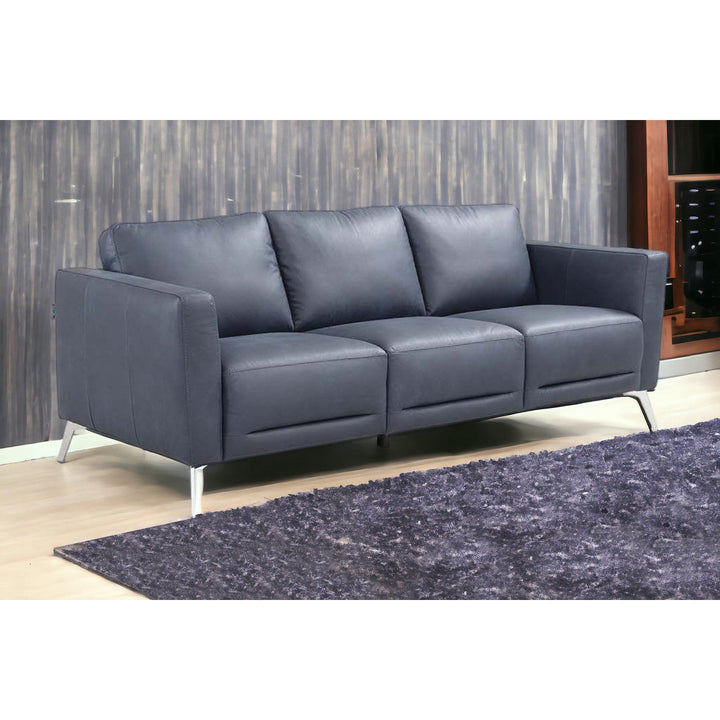 85" Blue Leather Sofa With Black Legs Image 7