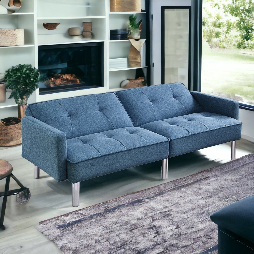 85" Blue Polyester Blend Convertible Futon Sleeper Sofa And Toss Pillows With Silver Legs Image 6