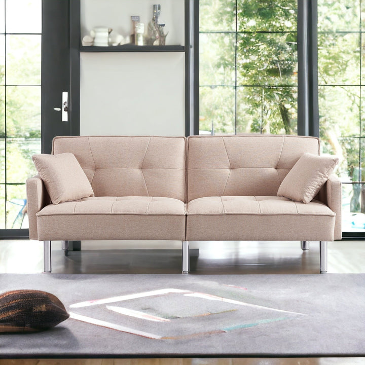 85" Beige Polyester Blend Convertible Futon Sleeper Sofa And Toss Pillows With Silver Legs Image 6