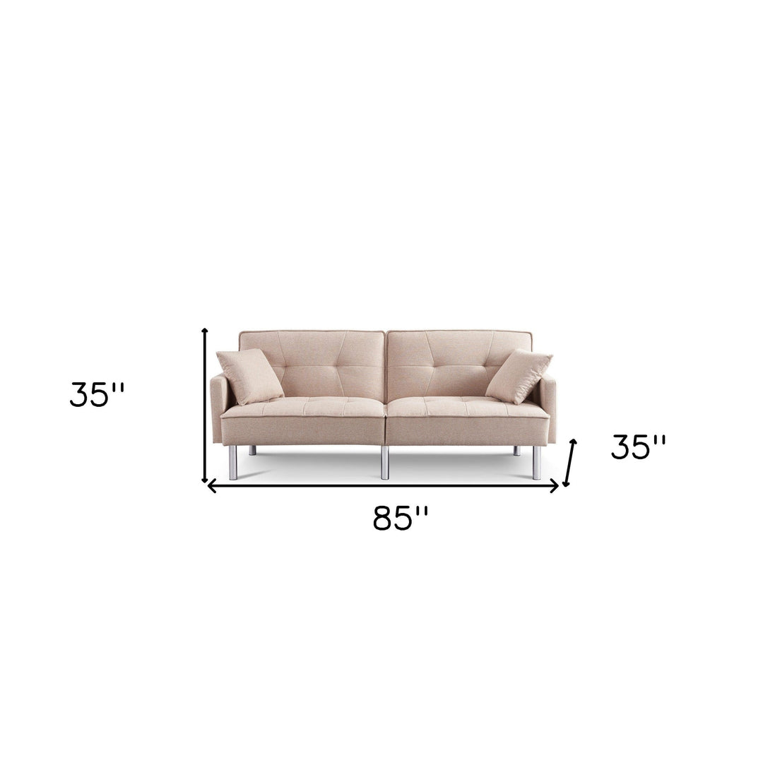 85" Beige Polyester Blend Convertible Futon Sleeper Sofa And Toss Pillows With Silver Legs Image 7