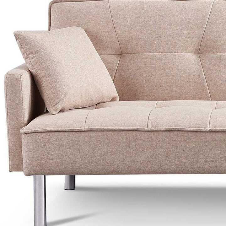 85" Beige Polyester Blend Convertible Futon Sleeper Sofa And Toss Pillows With Silver Legs Image 9