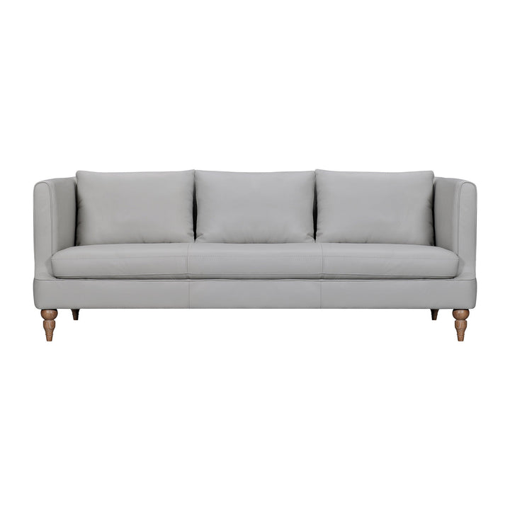 85" Gray Leather Sofa With Brown Legs Image 1