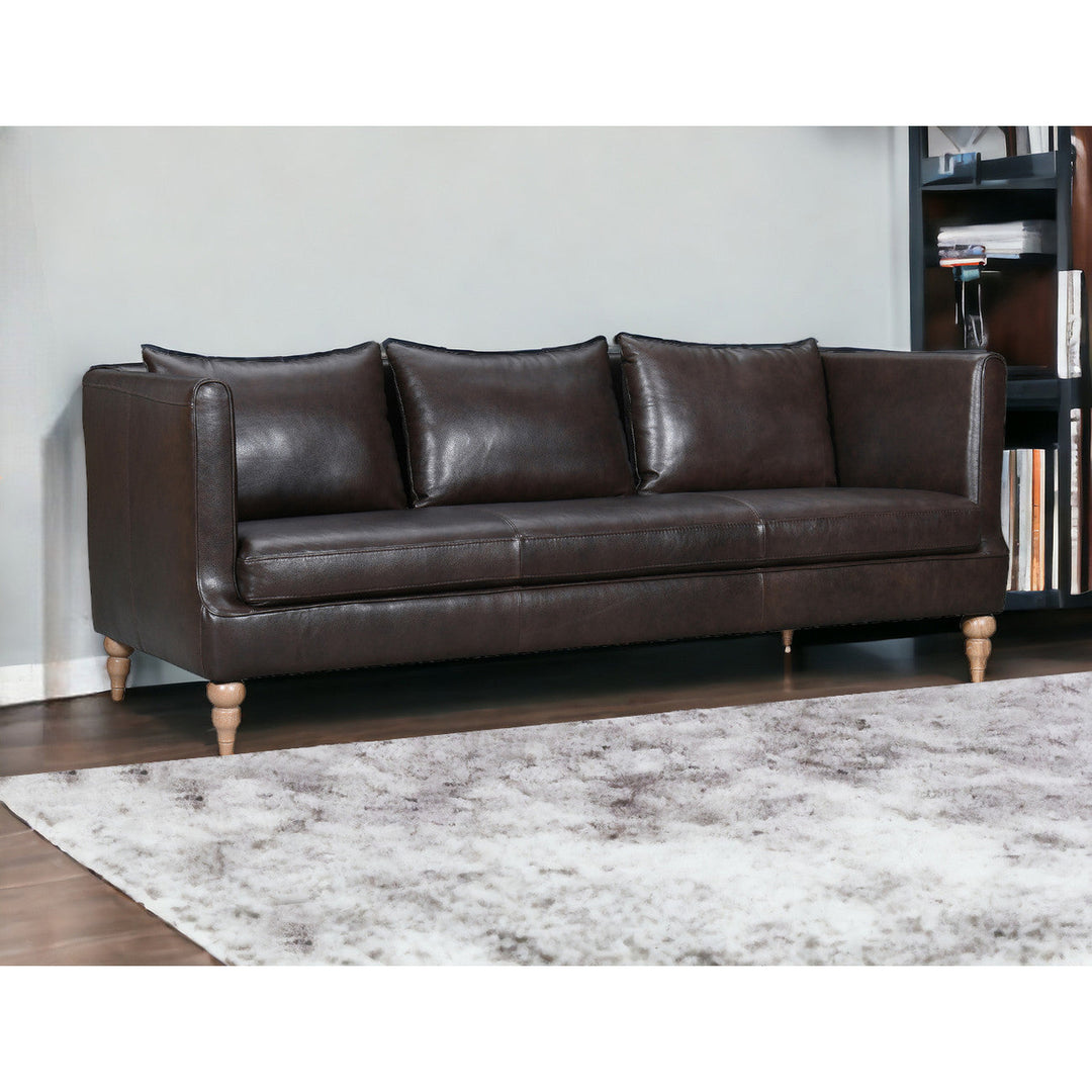 85" Dark Brown Leather Sofa With Brown Legs Image 12