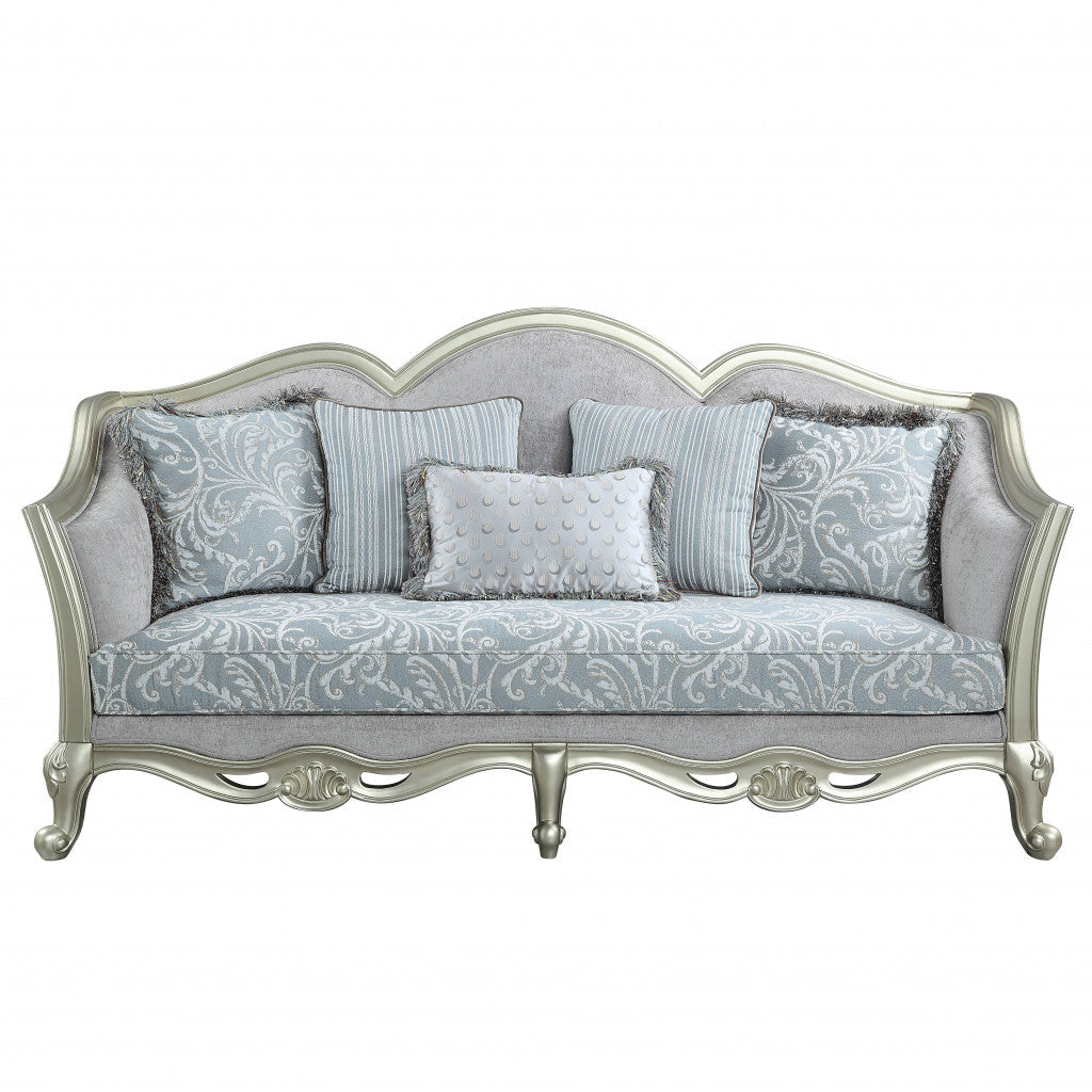 85" Light Gray Linen Damask Sofa And Toss Pillows With Champagne Legs Image 1