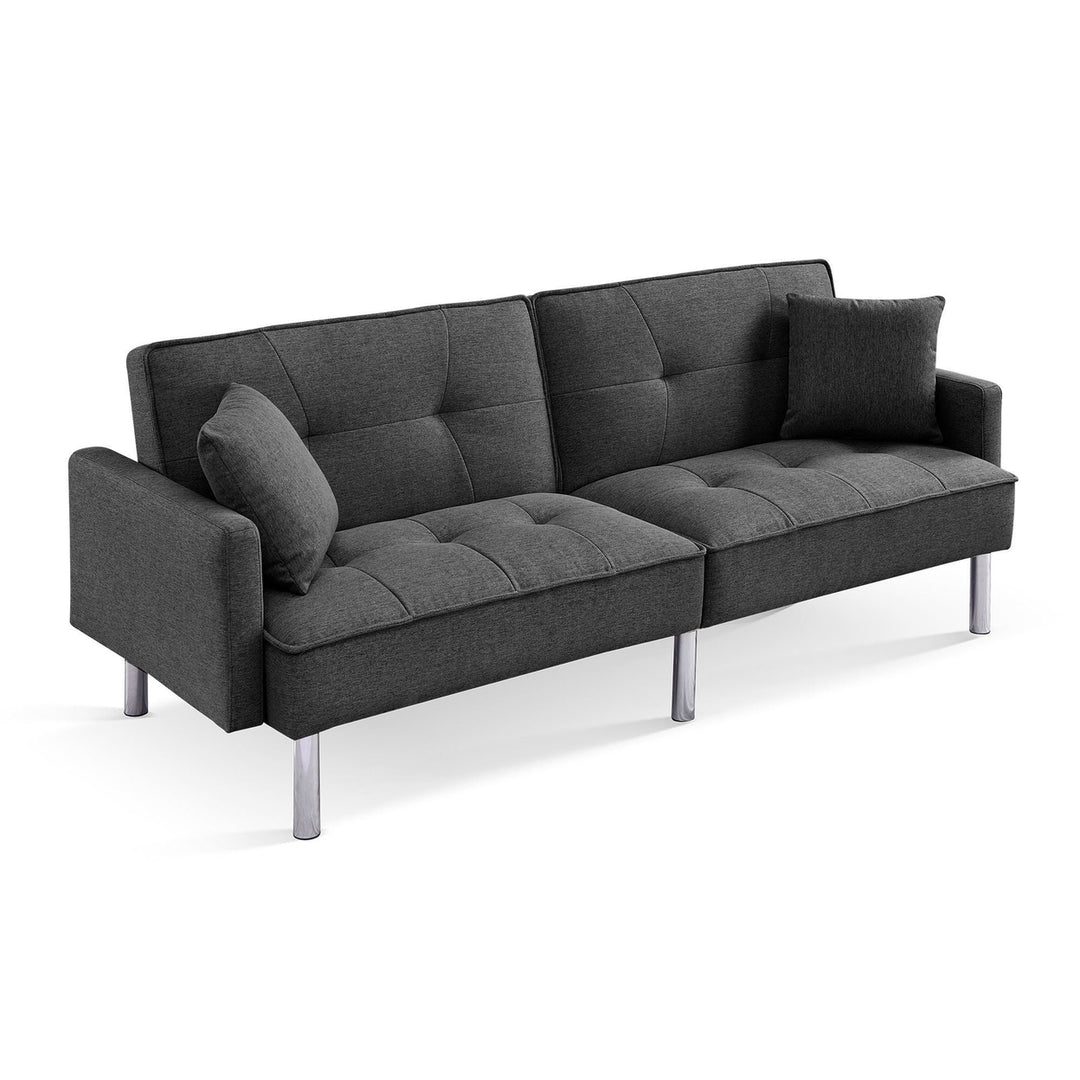 85" Dark Gray Polyester Blend Convertible Futon Sleeper Sofa And Toss Pillows With Silver Legs Image 6