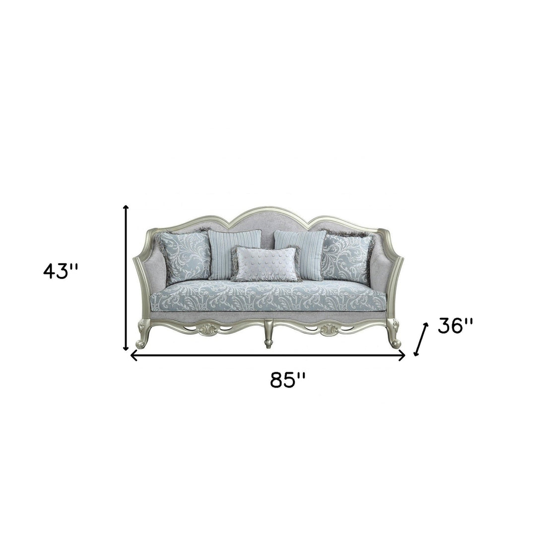 85" Light Gray Linen Damask Sofa And Toss Pillows With Champagne Legs Image 2