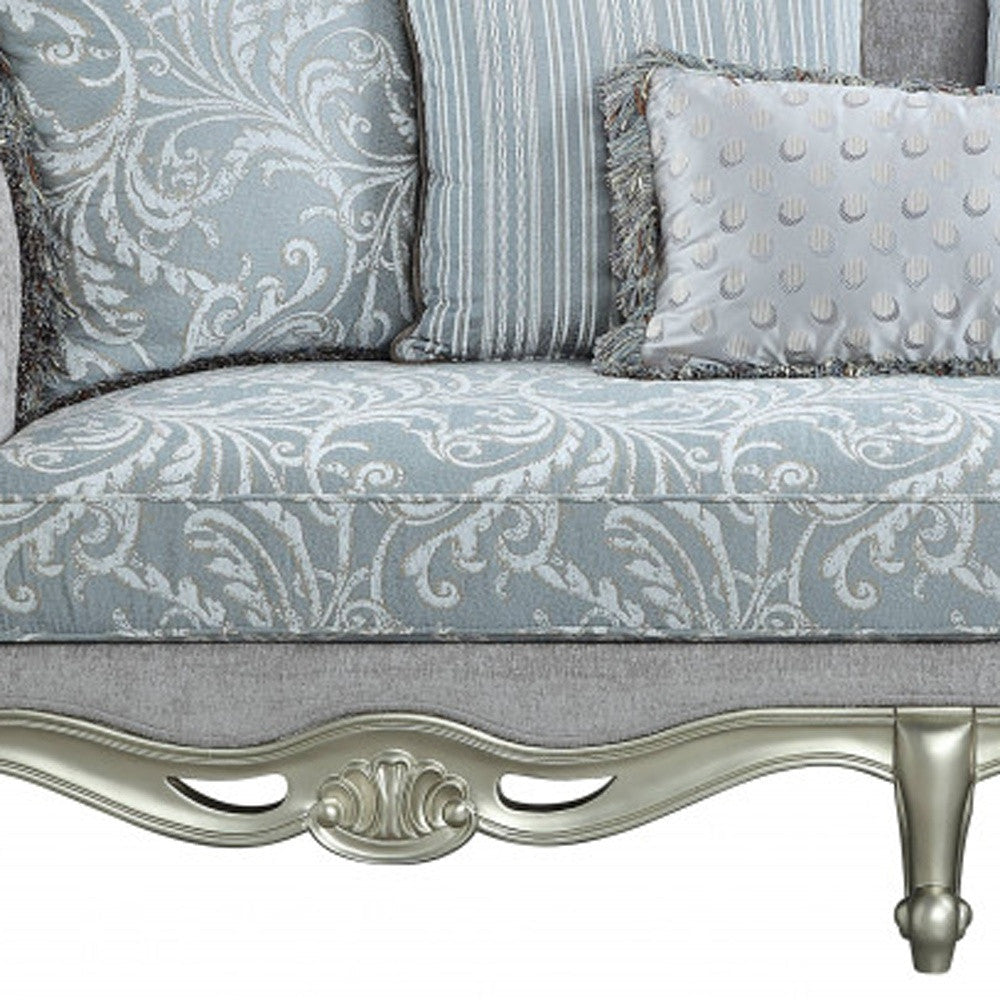 85" Light Gray Linen Damask Sofa And Toss Pillows With Champagne Legs Image 3